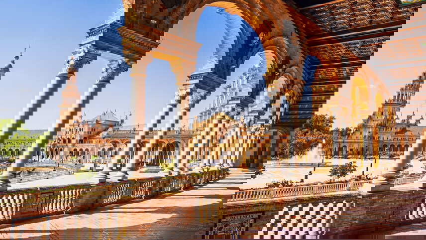 An ancient European city square at sunset in the Iberian Peninsula